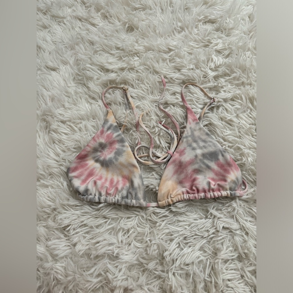 Skatie Tie-Dye Triangle Bikini Top in Pink, Gray & Yellow
